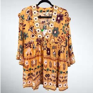 Easel Los Angeles Boho Mustard Yellow Multicolor Floral Babydoll Tunic Top Size